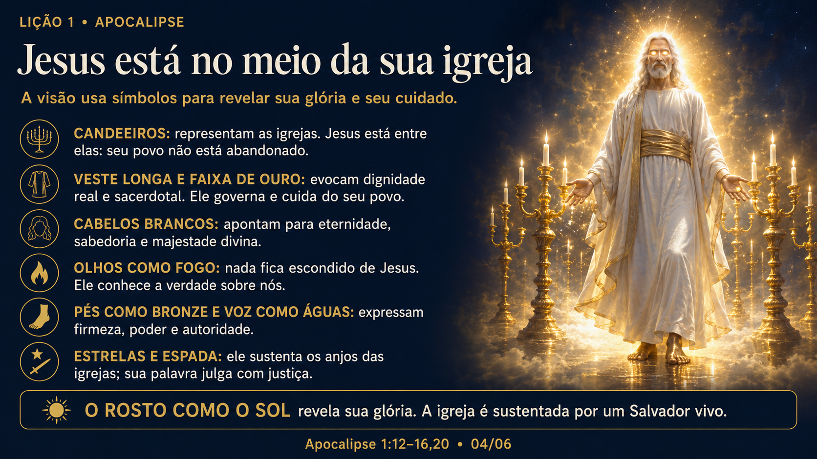 Resumo 4 de 6: Jesus está no meio da sua igreja — Apocalipse 1.12–16,20