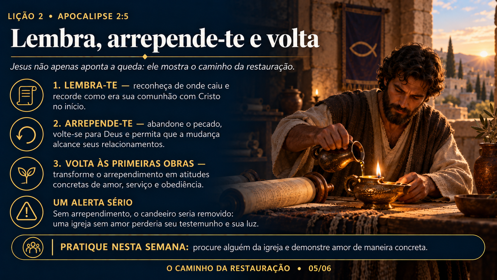 Resumo 5 de 6: Lembra, arrepende-te e volta — Apocalipse 2.5
