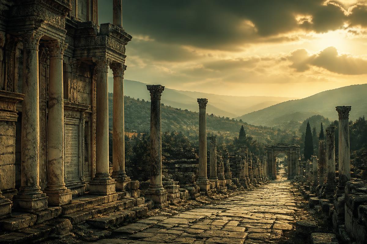 Ruínas de uma antiga cidade greco-romana da Ásia Menor ao pôr do sol