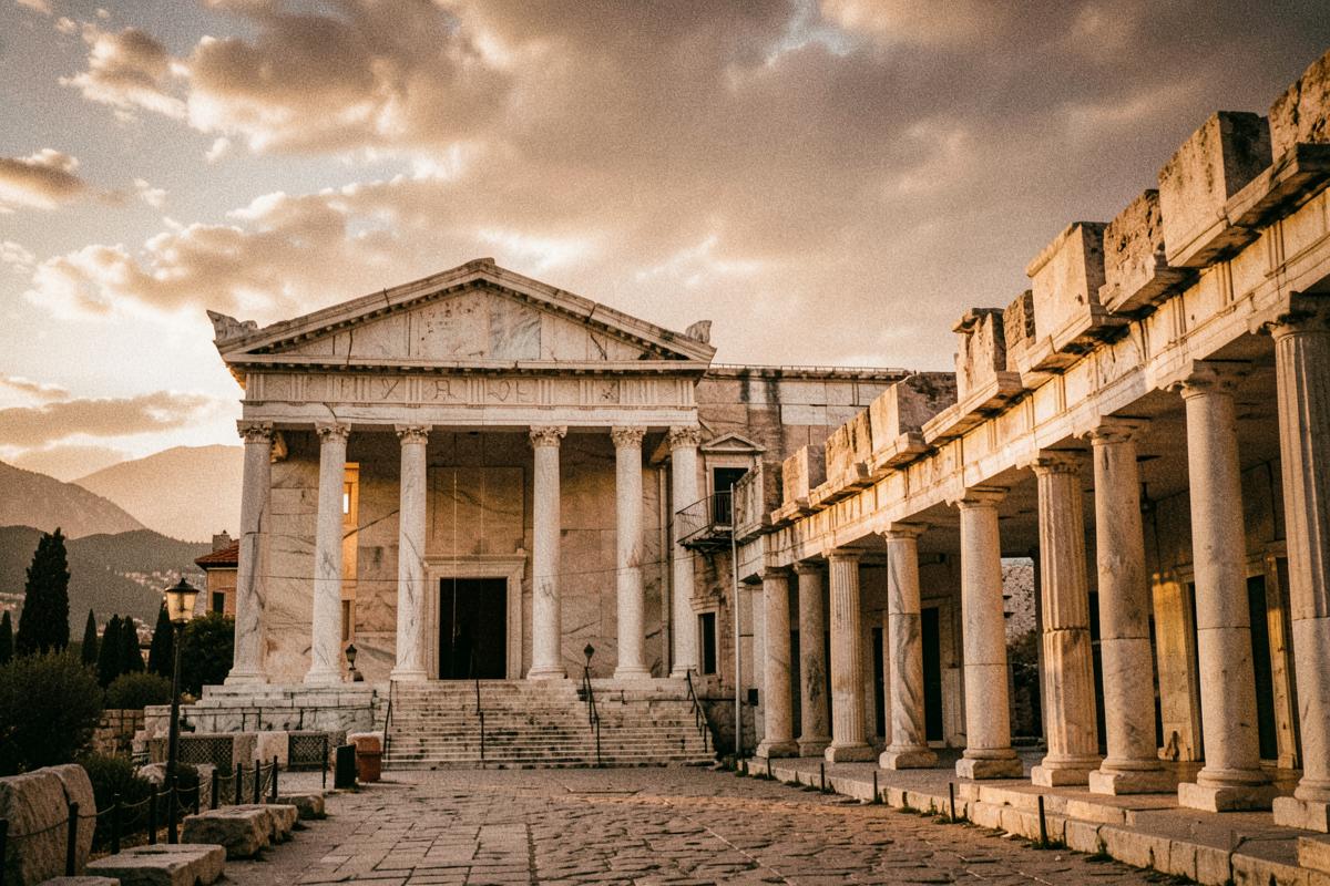 Ruínas de mármore da antiga cidade de Éfeso ao entardecer