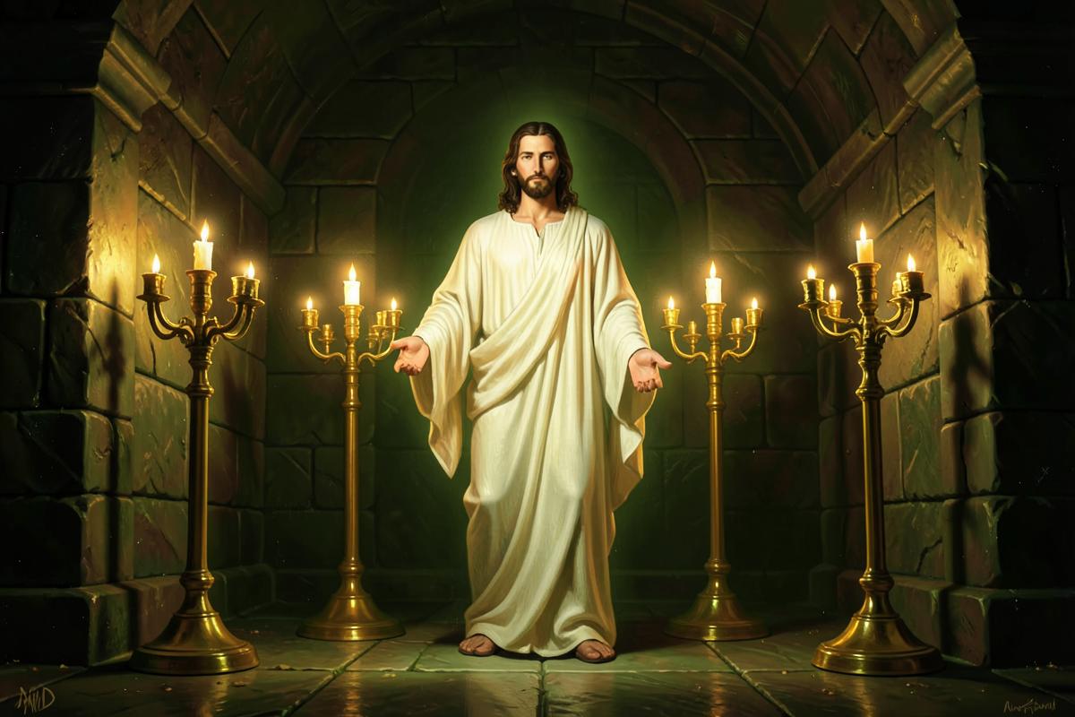 Cristo em vestes brancas em pé no meio de sete candeeiros de ouro acesos