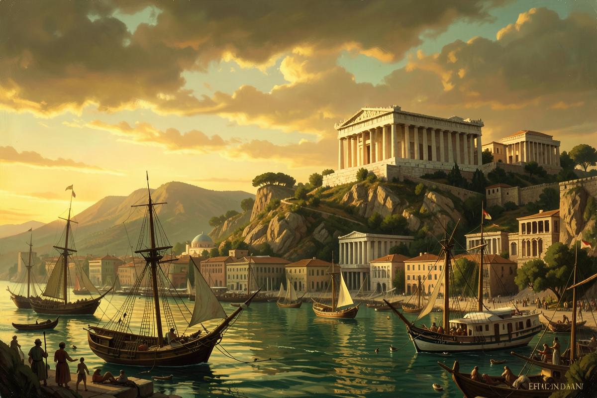 Porto da antiga Éfeso com navios e o templo de mármore sobre a colina
