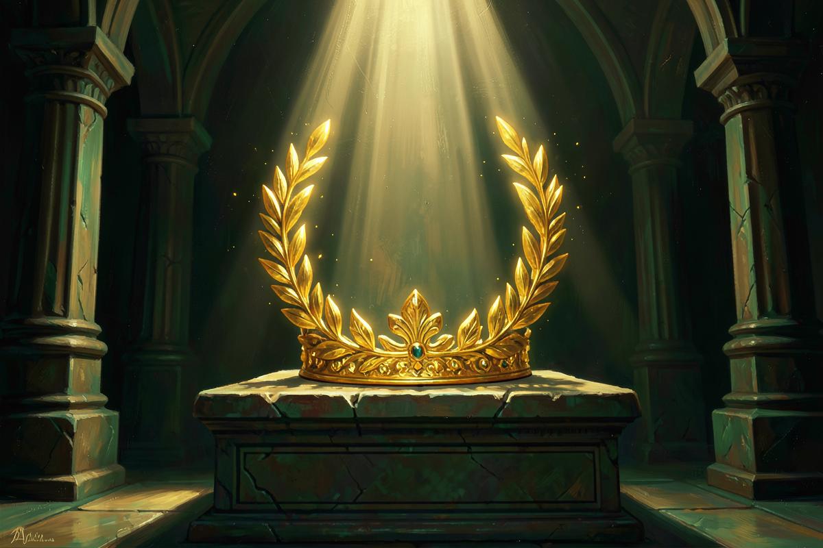 Coroa de louros dourada iluminada sobre um altar de pedra