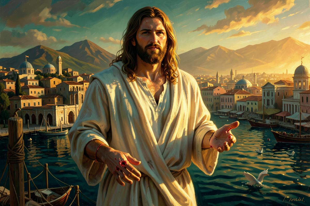 Cristo ressurreto com as mãos marcadas diante do porto de Esmirna ao amanhecer