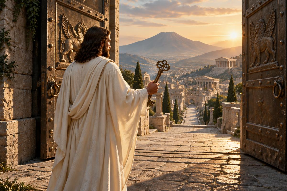 Cristo segurando a chave de Davi diante das portas abertas de uma cidade antiga