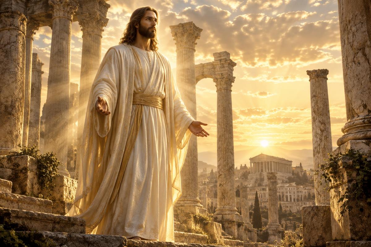 Cristo radiante entre ruínas de mármore ao nascer do sol, com raios de luz dourada