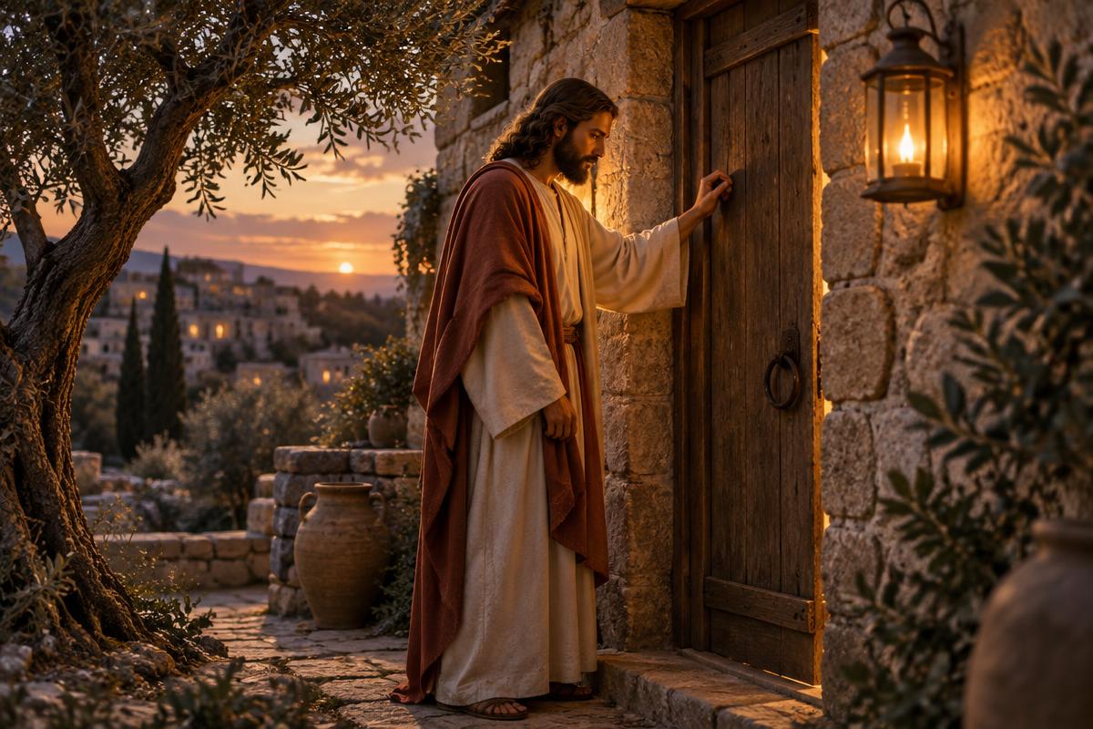 Cristo batendo suavemente a uma porta de madeira fechada de uma casa de pedra antiga ao crepúsculo