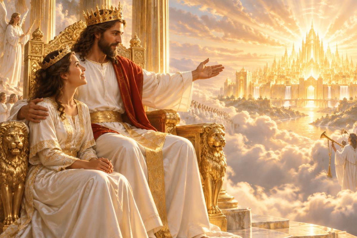 Vencedor sentado com Cristo em trono radiante entre nuvens ao amanhecer, com a nova Jerusalém ao fundo
