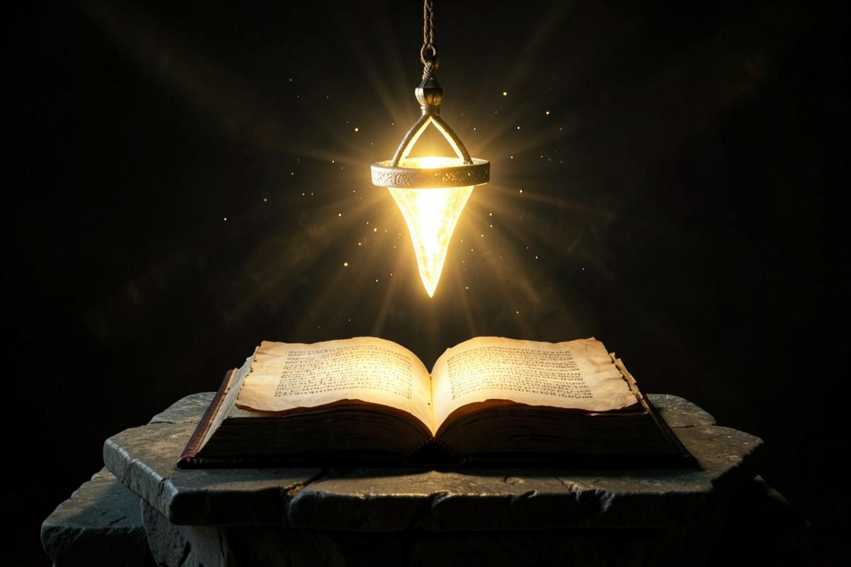Espada de luz de dois gumes suspensa sobre um livro aberto em um altar de pedra