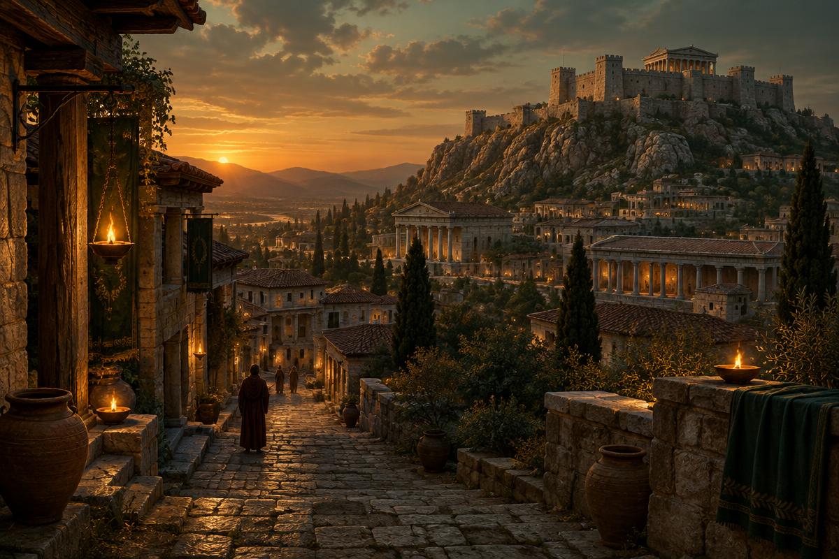 Vista da antiga Sardes ao entardecer, com acrópole fortificada e ruas de pedra iluminadas por lamparinas