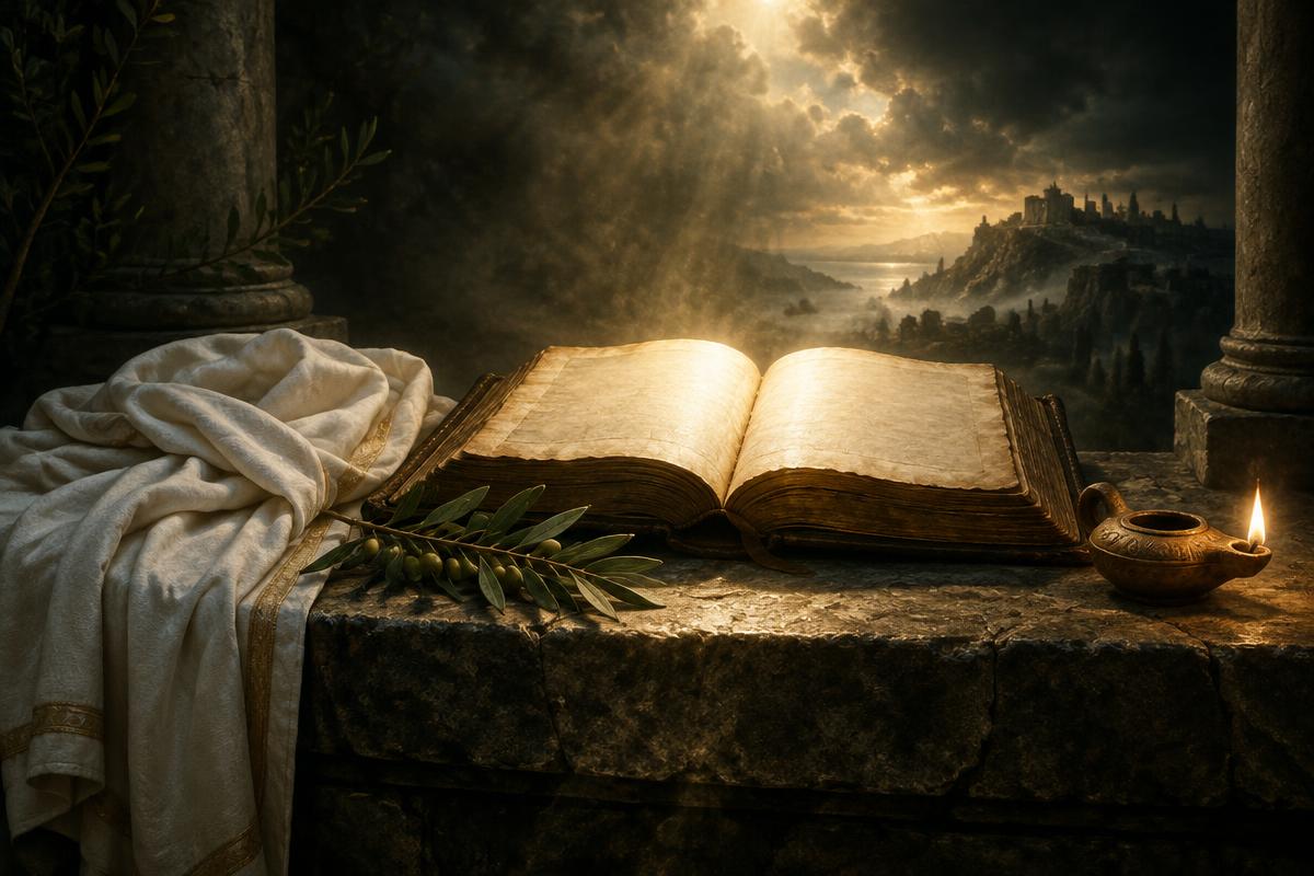 Livro antigo aberto sobre altar de pedra, com veste branca, ramo de oliveira e luz dourada