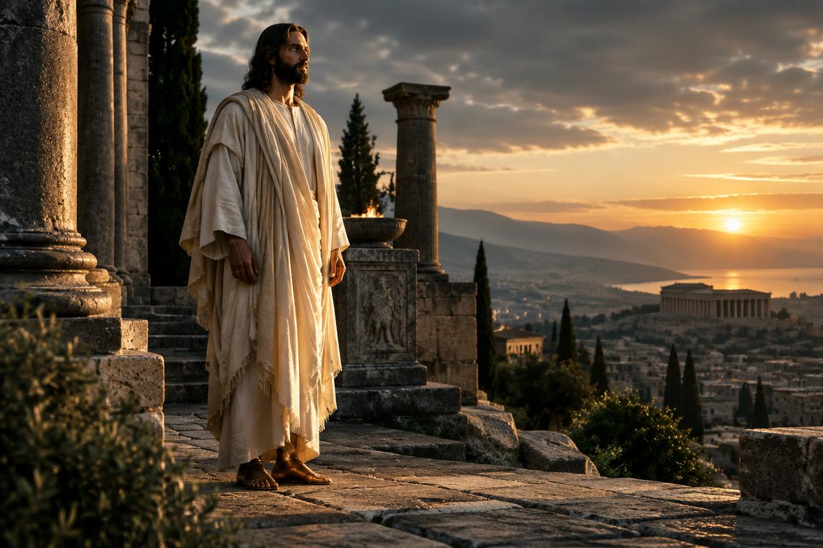 Representação de Cristo entre ruínas antigas, iluminado pelo amanhecer