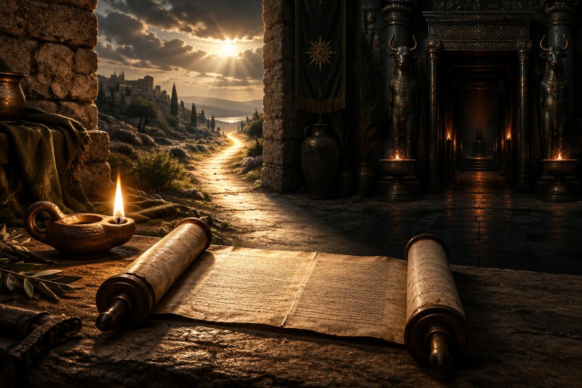 Rolo das Escrituras iluminado diante de um caminho claro e de um templo escuro