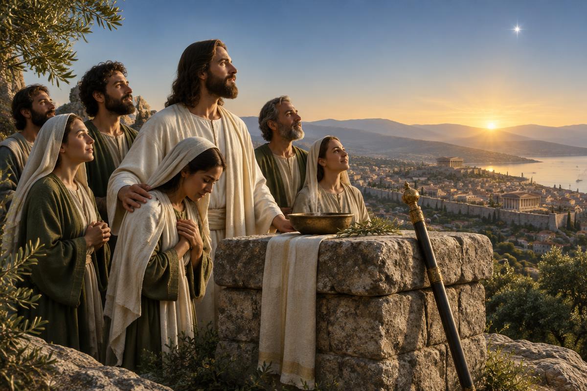 Cristo com um pequeno grupo de fiéis diante de Tiatira ao nascer da estrela da manhã